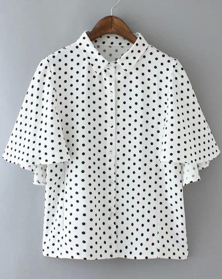 Romwe White Lapel Ruffle Sleeve Polka Dot Blouse