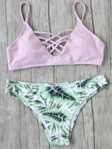 Romwe Leaf Print Criss Cross Mix & Match Bikini Set