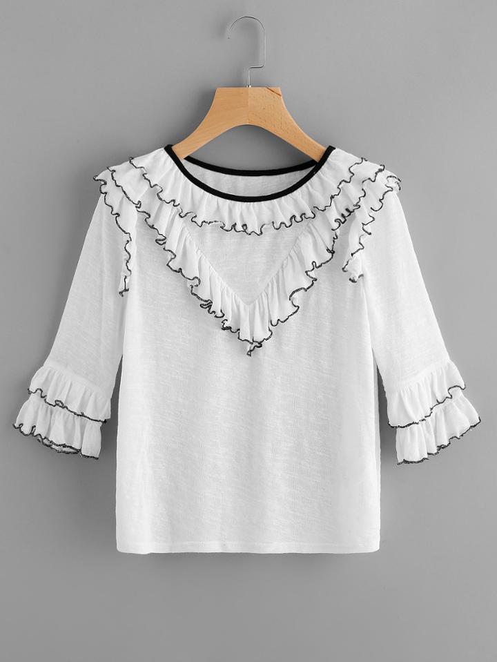 Romwe Lettuce Hem Ruffle Trim Slub Tee
