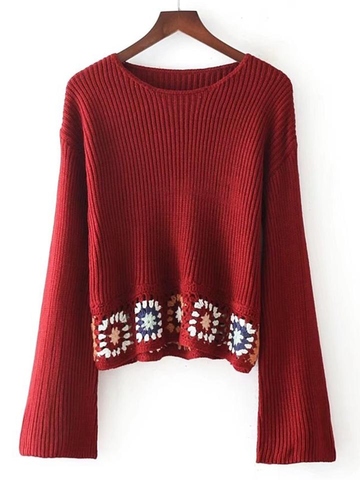 Romwe Crochet Flower Ribbed Knit Sweater