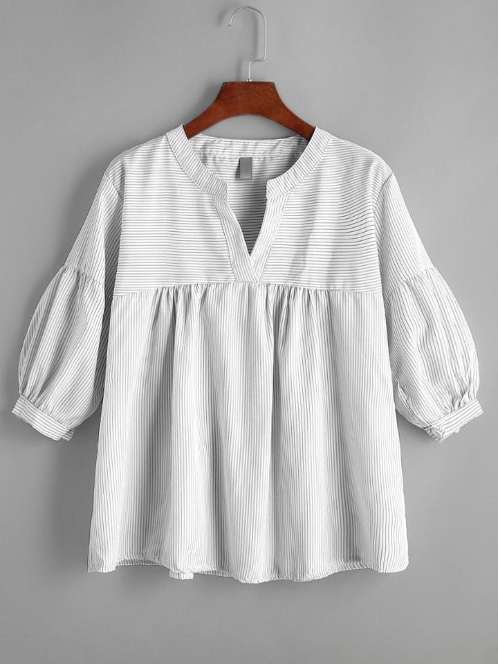 Romwe V-cut Bishop Sleeve Striped Swing Blouse