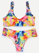 Romwe Multicolor Flower Print Strappy Bikini Set
