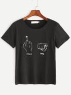 Romwe Black Gesture Print Short Sleeve T-shirt