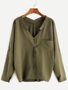 Romwe Army Green V Neck Blouse With Pocket