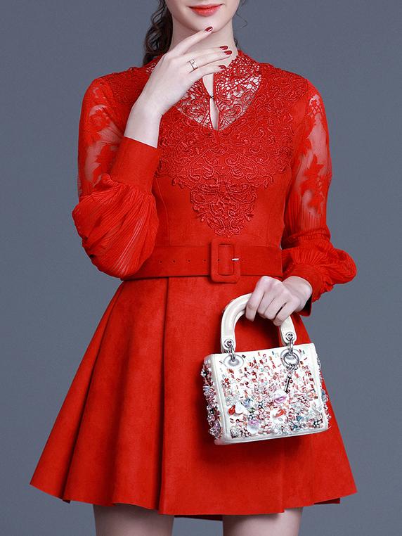 Romwe Red Round Neck Long Sleeve Drawstring Embroidered Dress