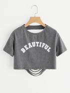 Romwe Letter Print Ripped Back Crop Heathered T-shirt