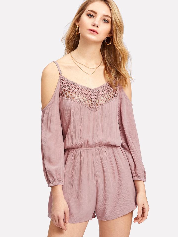 Romwe Guipure Lace Panel Romper