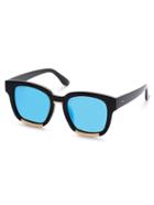 Romwe Black Frame Metal Trim Blue Lens Sunglasses