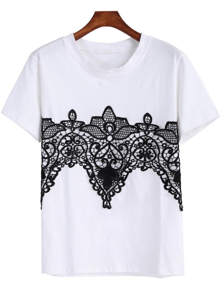 Romwe White Short Sleeve Lace Embellished T-shirt