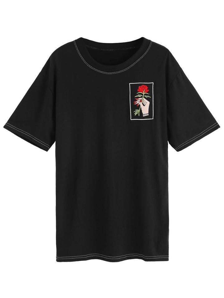 Romwe Black Hand And Rose Embroidery T-shirt