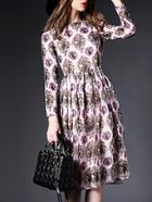 Romwe Pink Round Neck Long Sleeve Vintage Print Dress