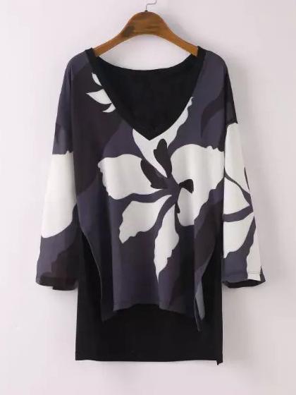 Romwe Grey V Neck Floral Dipped Hem T-shirt