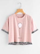 Romwe Balloon Print Stripe Tassel Hem Tee