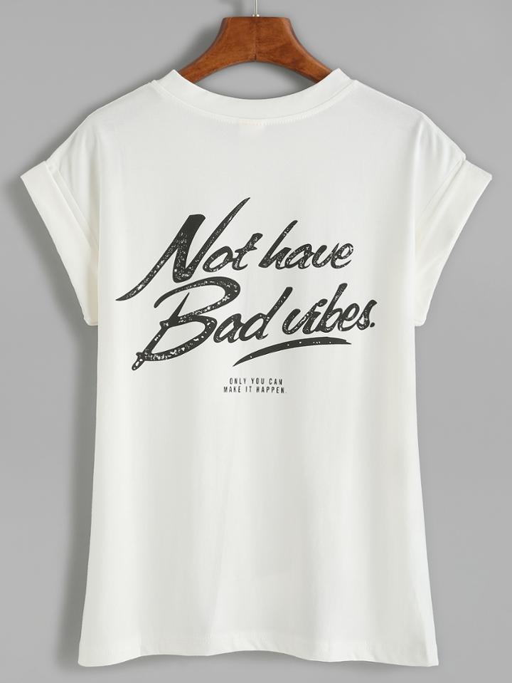 Romwe White Letter Print Cuffed T-shirt With Pocket