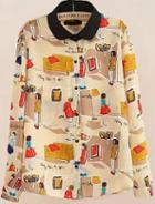 Romwe Contrast Collar Cartoon Characters Print Apricot Blouse