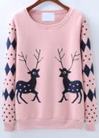Romwe Pink Long Sleeve Diamond Deer Print Sweatshirt