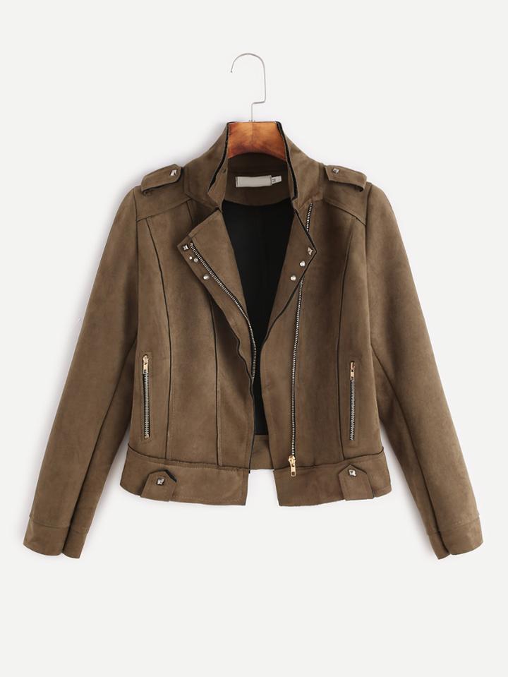 Romwe Oblique Zipper Suede Epaulette Stud Embellished Biker Jacket