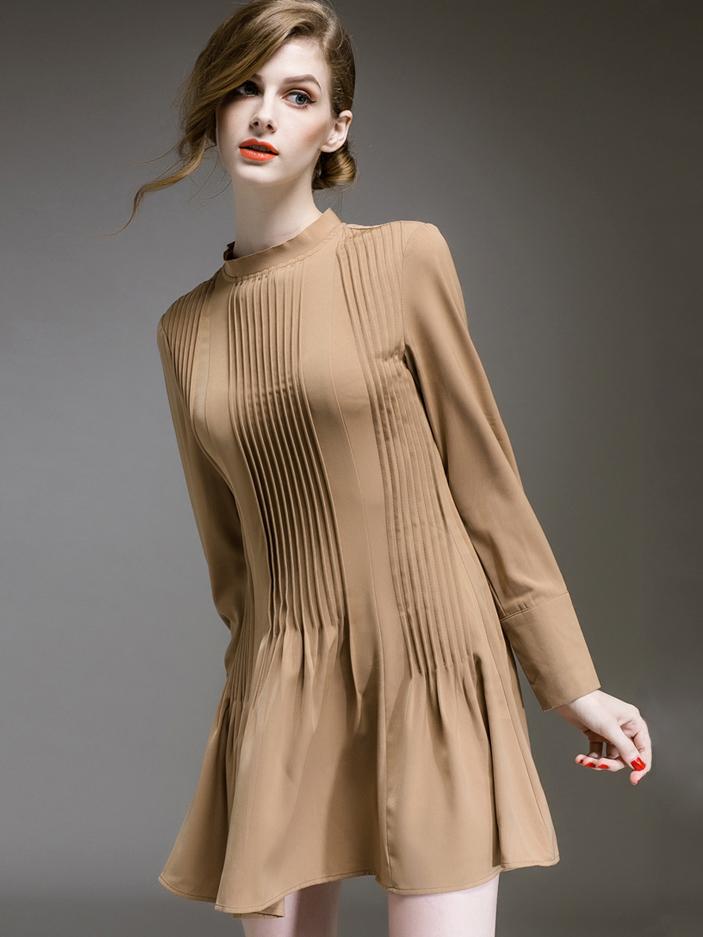 Romwe Khaki Round Neck Long Sleeve Wrinkle Dress
