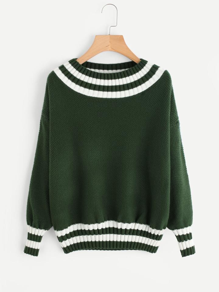 Romwe Lantern Sleeve Drop Shoulder Striped Trim Sweater