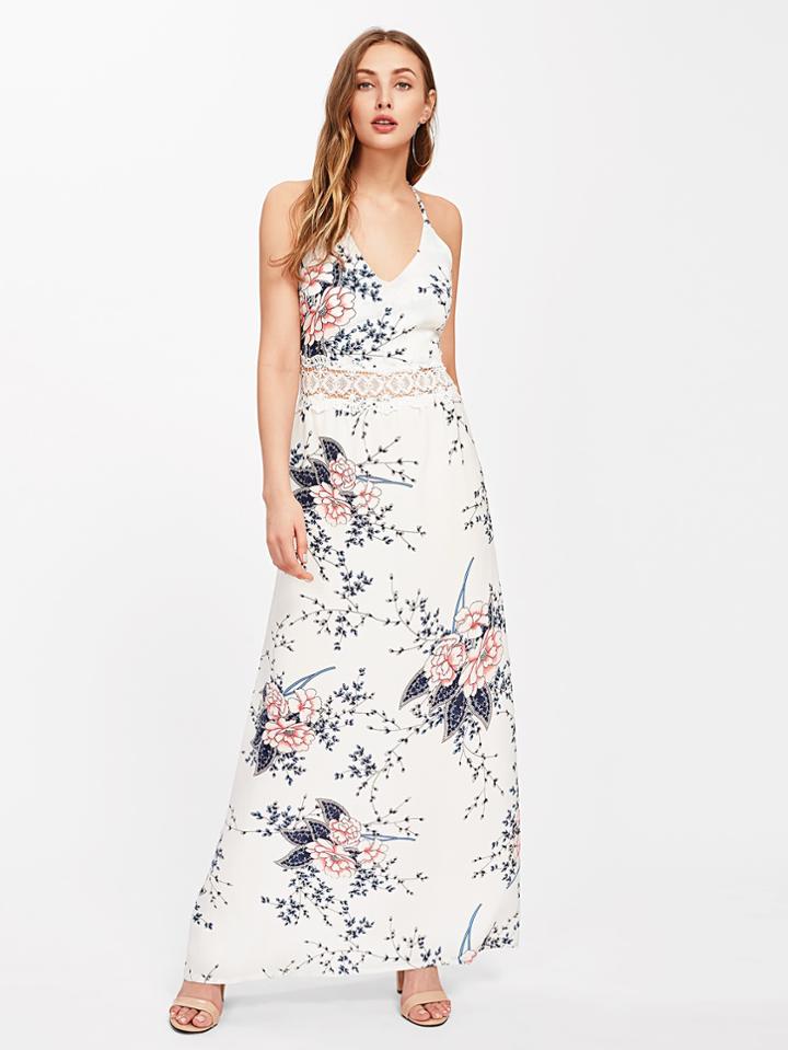 Romwe Plunge Hollow Out Lace Panel Botanical Print Dress