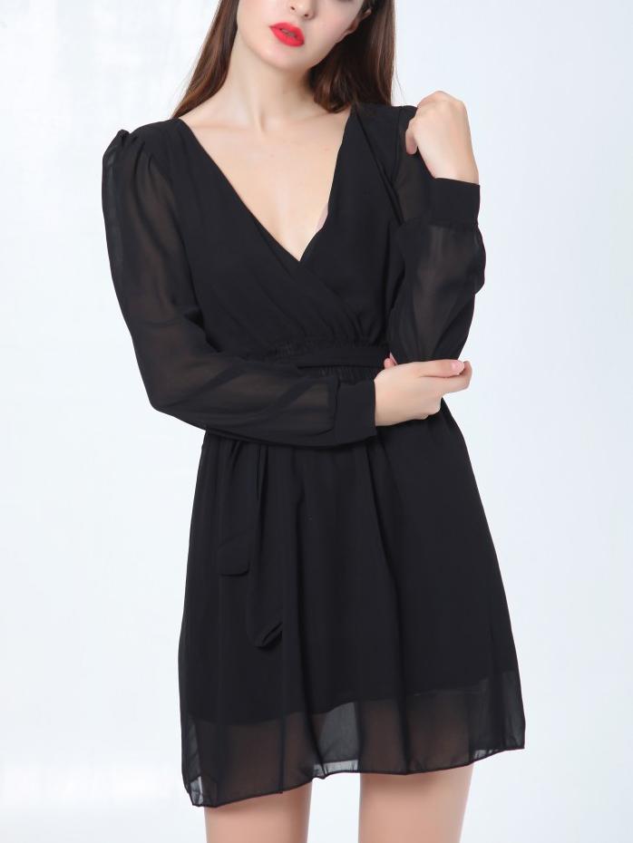 Romwe Deep V Neck Chiffon Pleated Black Dress