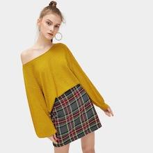 Romwe Ribbed Solid Bishop Sleeve Sweatshirt