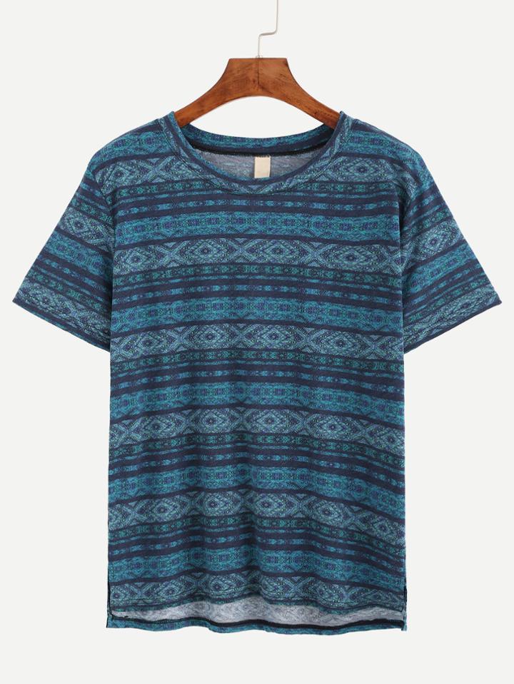 Romwe Navy Tribal Print High Low T-shirt