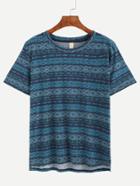 Romwe Navy Tribal Print High Low T-shirt