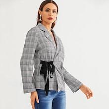 Romwe Notch Collar Plaid Knot Blazer