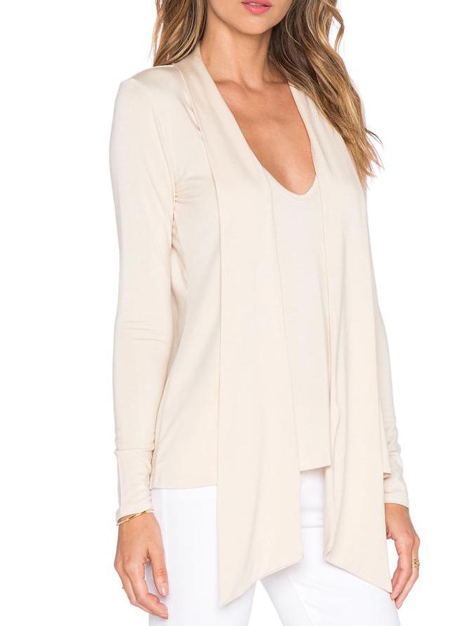 Romwe Long Sleeve Tie Slim White T-shirt