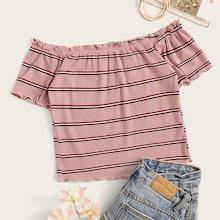 Romwe Rib-knit Striped Lettuce Trim Crop Top