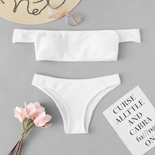 Romwe Off The Shoulder Top With Ribbed Bikini Set