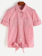 Romwe Rolled Sleeve Vertical Pinstriped Bow Tie Hem Blouse