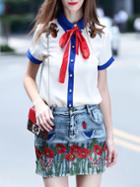 Romwe White Tie Neck Top With Denim Embroidered Skirt