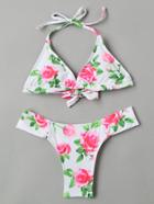 Romwe Rose Print Halter Bikini Set