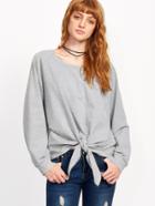 Romwe Grey Knotted Front Long Sleeve Sweatshirt