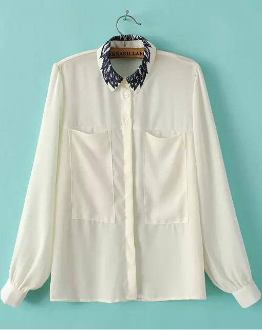 Romwe White Chiffon Blouse With Floral Collar