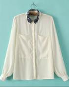 Romwe White Chiffon Blouse With Floral Collar