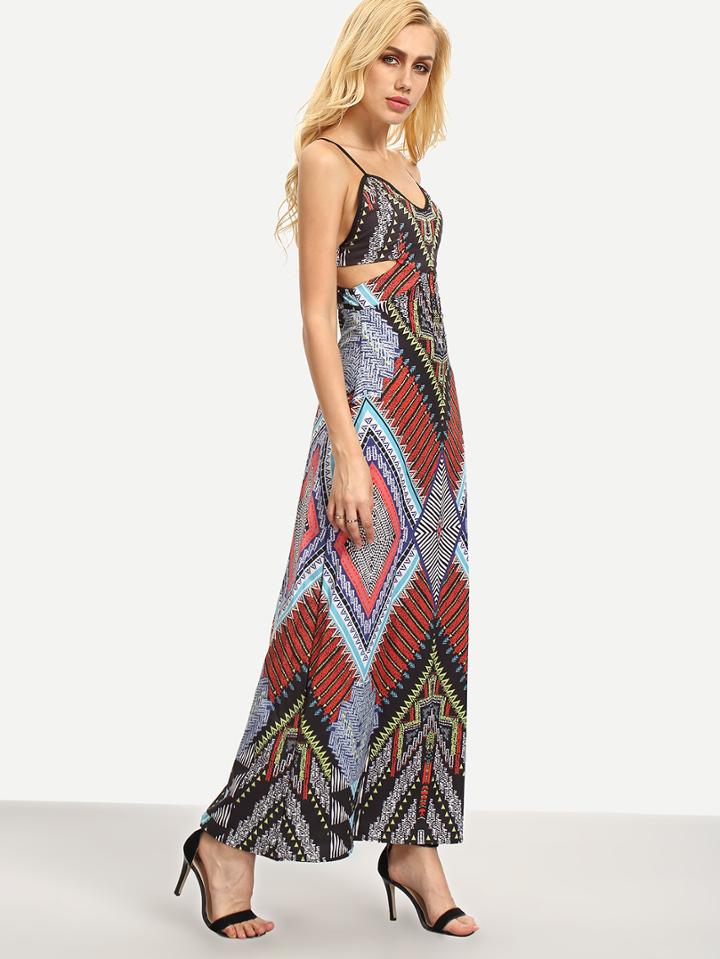 Romwe Multicolor Cutout Tribal Print Long Cami Dress