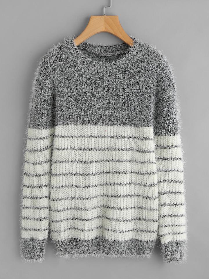 Romwe Striped Hippocampus Hair Sweater