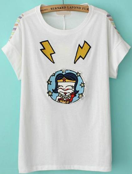Romwe Cartoon Lightning Pattern White T-shirt