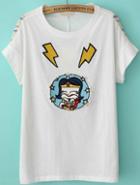 Romwe Cartoon Lightning Pattern White T-shirt