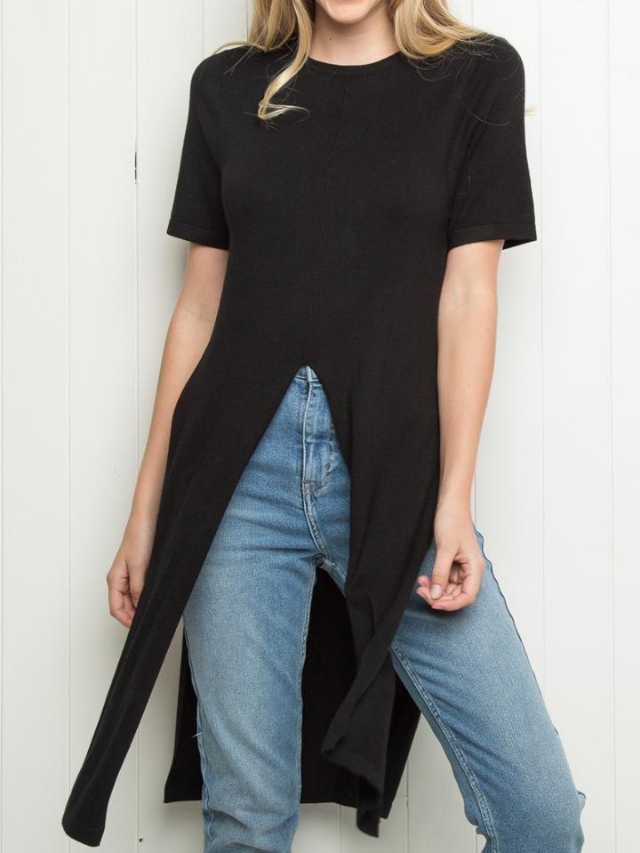 Romwe Short Sleeve Split Black T-shirt