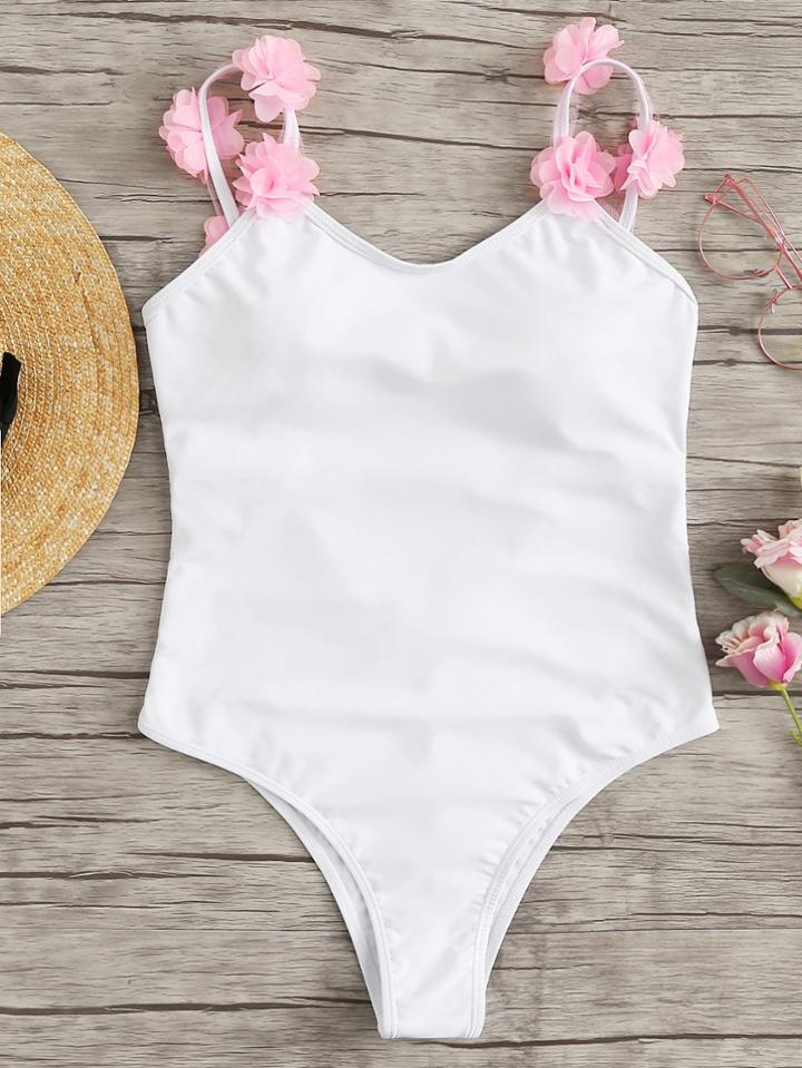 Romwe Flower Applique Strap Swimsuit