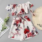 Romwe Floral Print Knot Shirred Top With Shorts