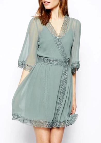 Romwe V Neck Sheer Mesh Lace Green Dress