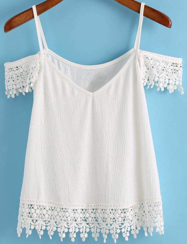Romwe Spaghetti Strap Floral Crochet White Cami Top