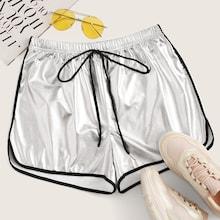 Romwe Knot Waist Contrast Binding Metallic Dolphin Shorts