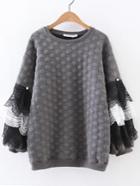 Romwe Grey Polka Dot Contrast Lace Layered Sweatshirt