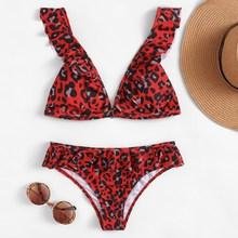 Romwe Plunge Top With Ruffle Trim Bikini Set